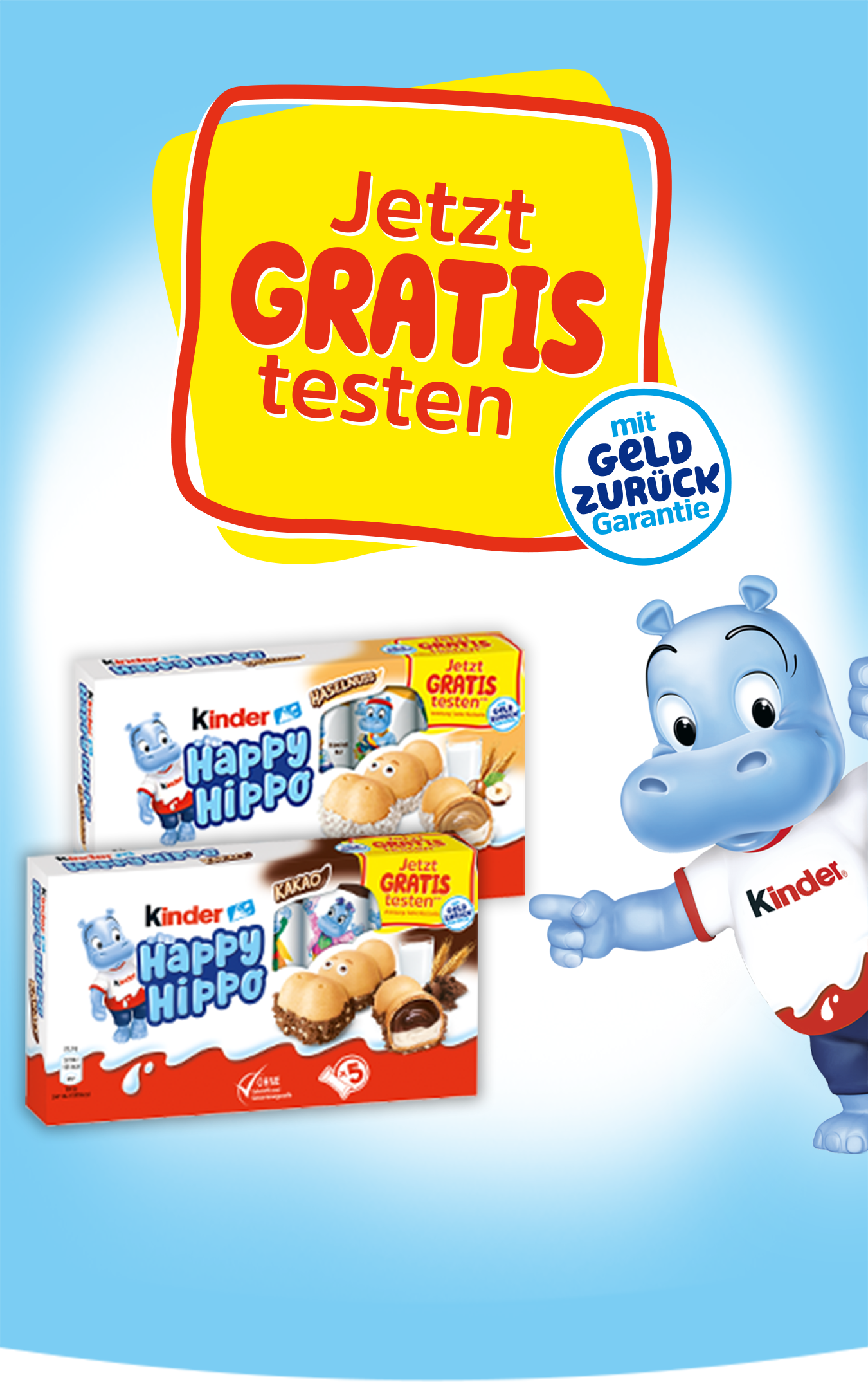 Kinder Happy Hippo - GRATIS TESTEN dank GELD-ZURÜCK-AKTION mobile Header