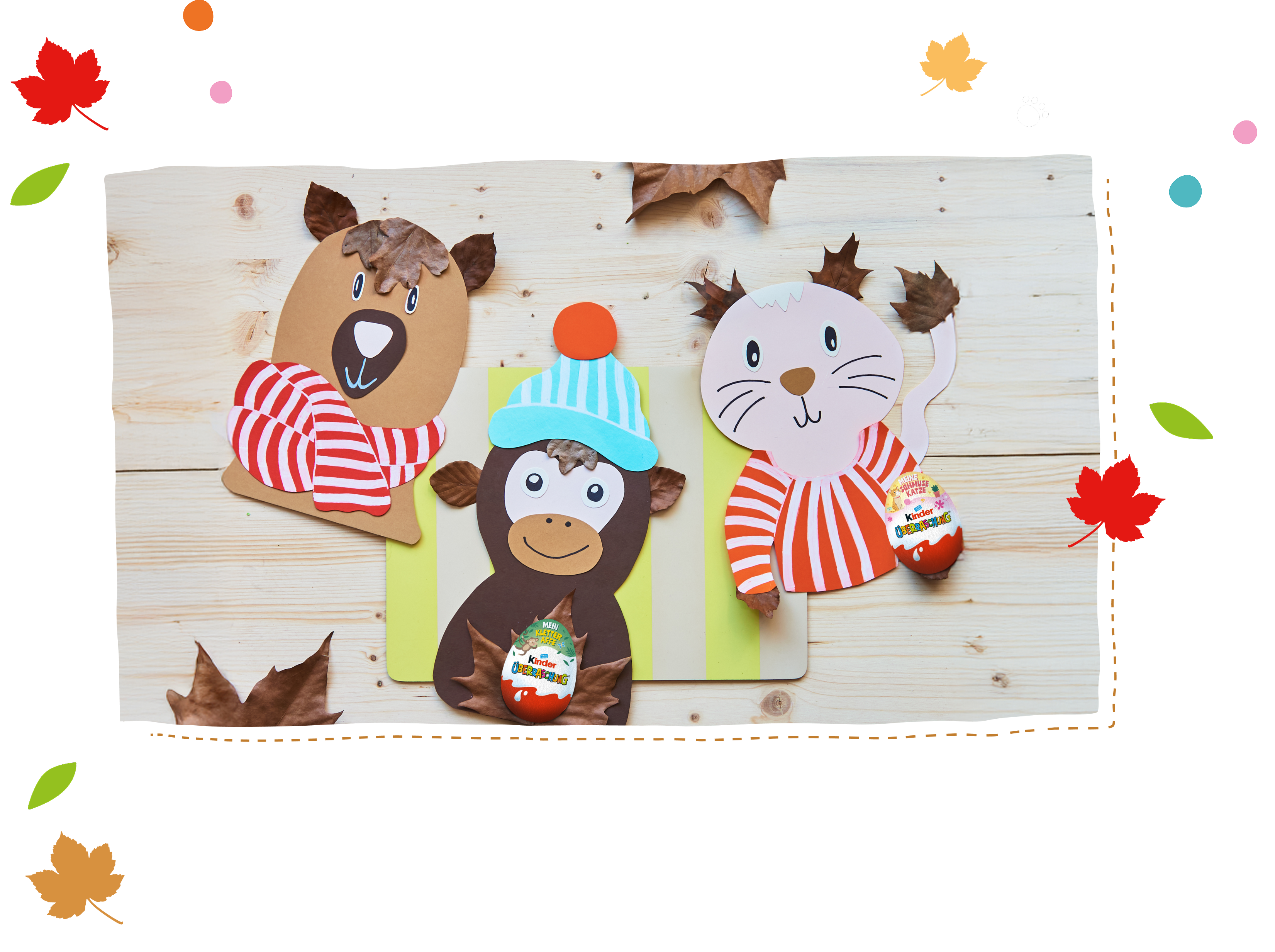 Handmade animal crafts with Kinder Überraschung eggs - bear, monkey, and cat with autumn leaves