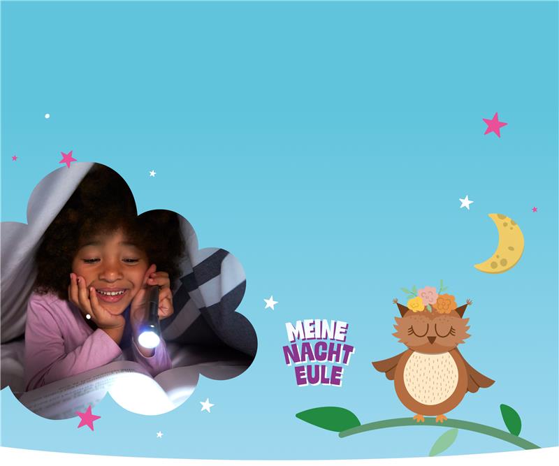 Meine Nacht Eule - Blue slide with child and owl character