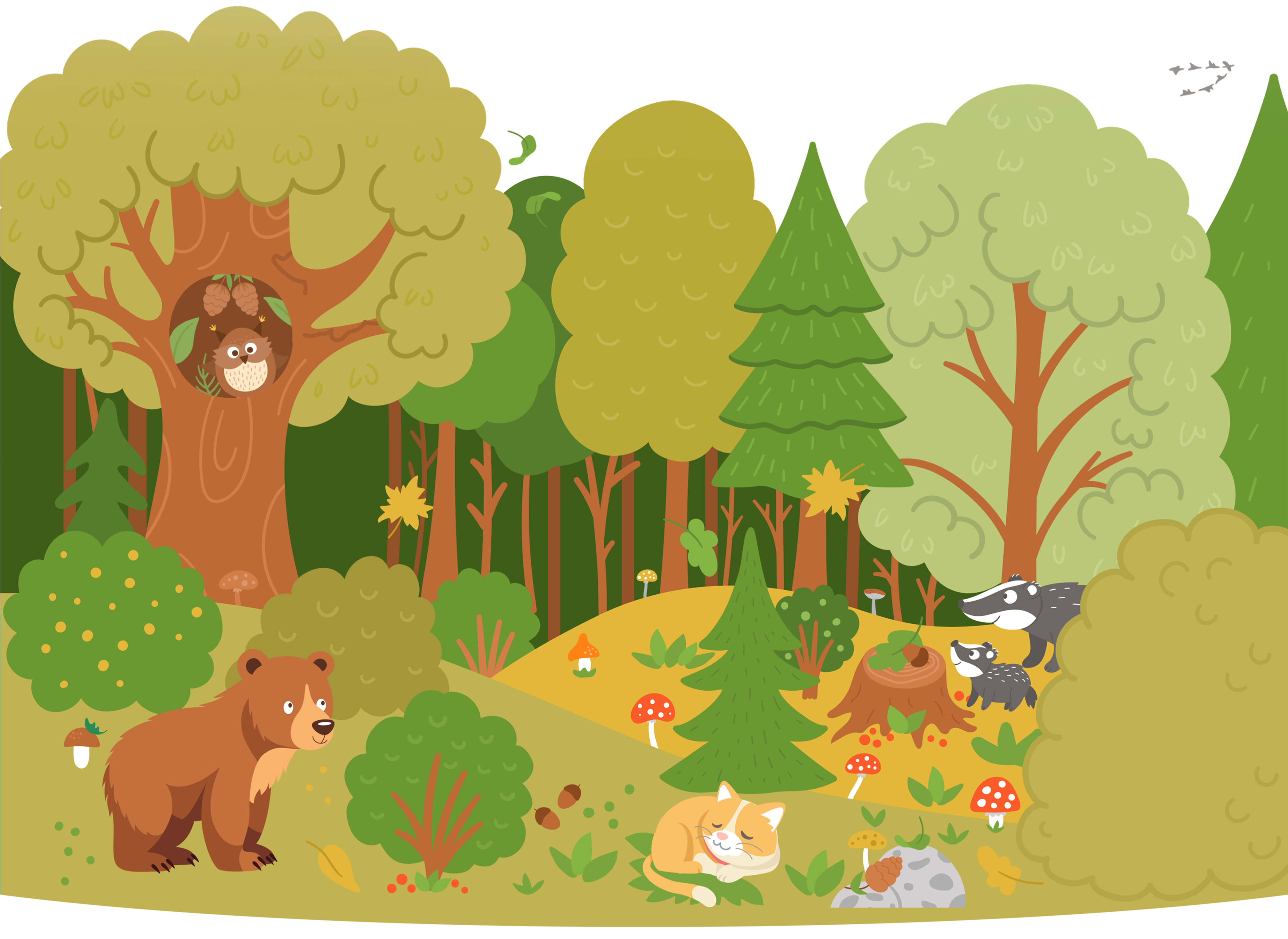 Interactive forest scene with cute woodland animals including owl, bear, badgers, and sleeping cat