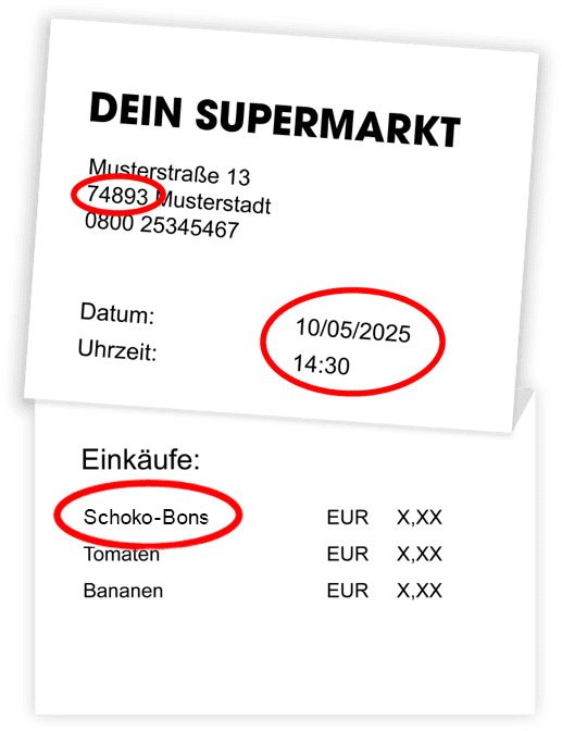 Kassenbon Beispiel Bild mit Datum, Uhrzeit, Postleitzahl und Aktionsprodukt