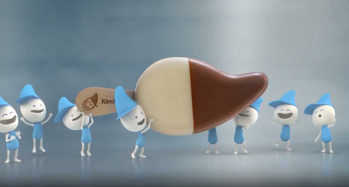 De petits personnages à la tête en forme de goutte de lait transportent joyeusement un bâtonnet Kinder Chocolate Ice Cream