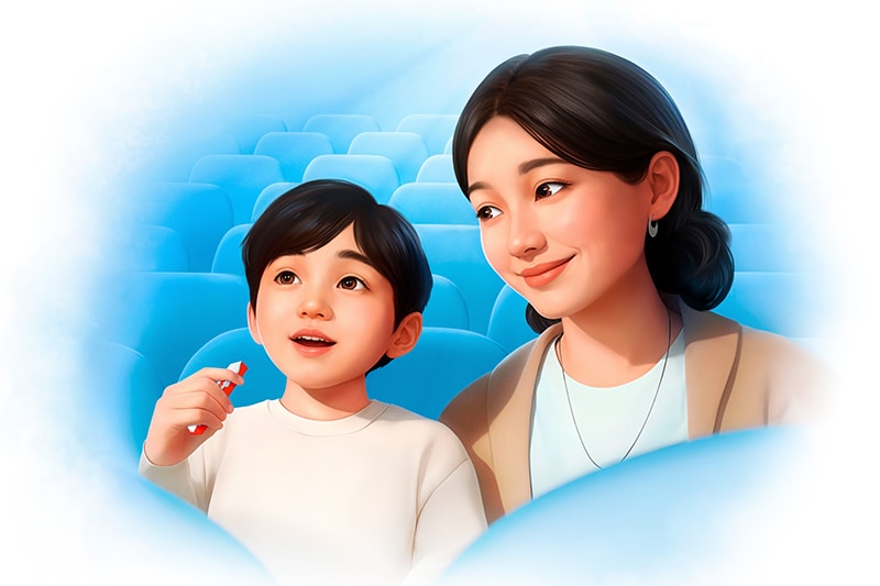 Mother and son in cinema