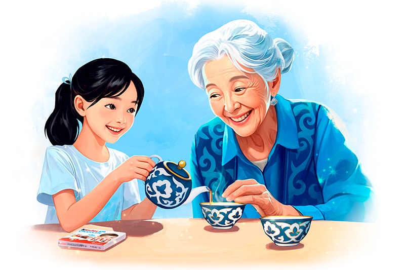 Grandmother and granddaughter drink a tea