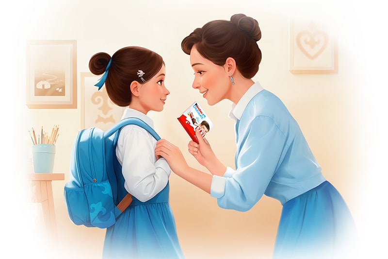 Mother preparing daughter for her school