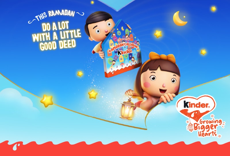 Illustration of two cheerful Kinder cartoon children celebrating Ramadan, holding a lantern and a Kinder Ramadan calendar, with a crescent moon and stars in the night sky and the message “This Ramadan, do a lot with a little good deed” alongside the Kinder Growing Bigger Hearts logo.