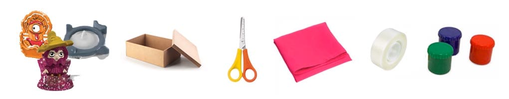 Materiales de trabajo: Sorpresas Kinder, Caja de zapatos, Tijeras de punta redonda, Tela, Cinta Adhesiva y Pintura