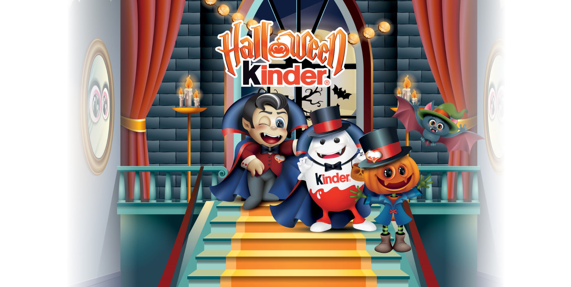 Illustrație mascota Kinder și un vampir.