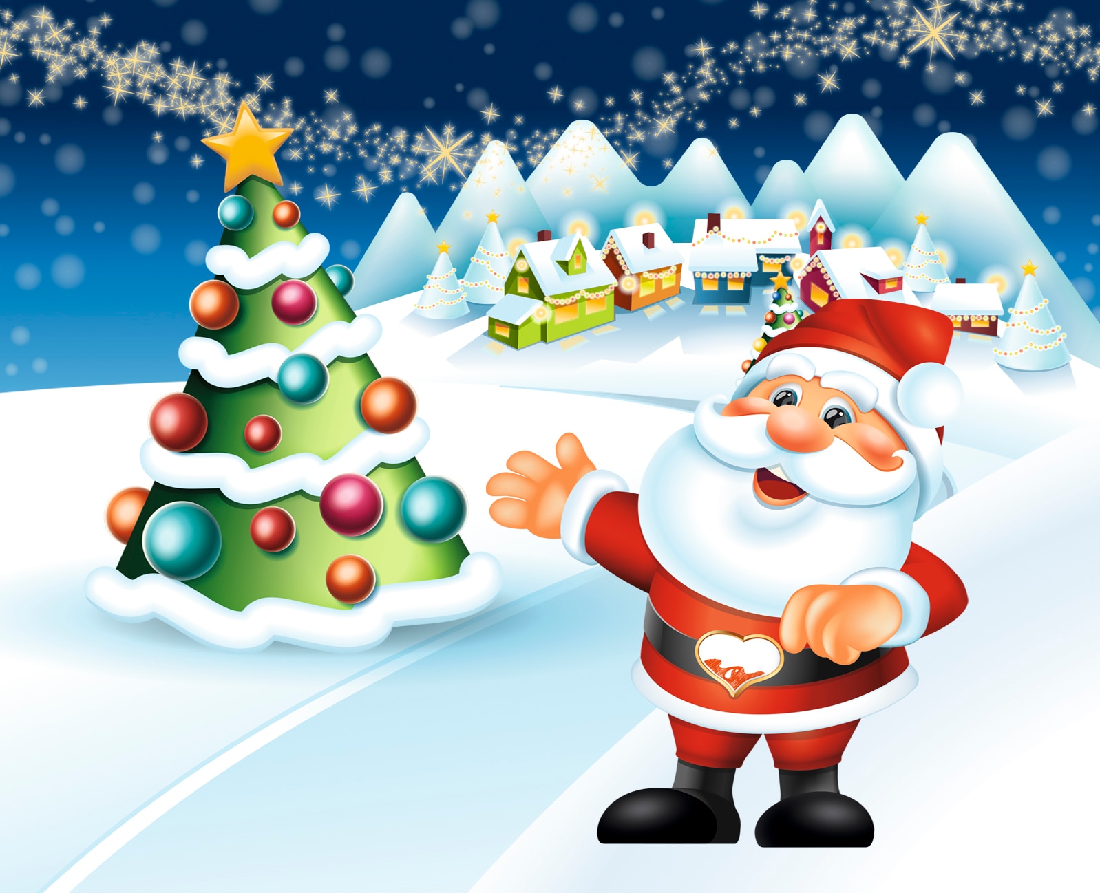 Illustrated Santa with Christmas tree