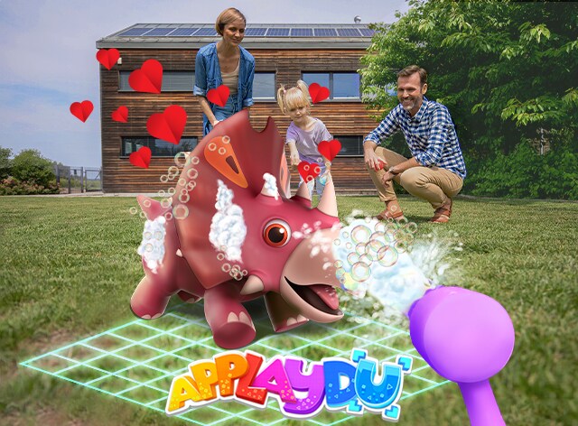 Dinosaur playing with family