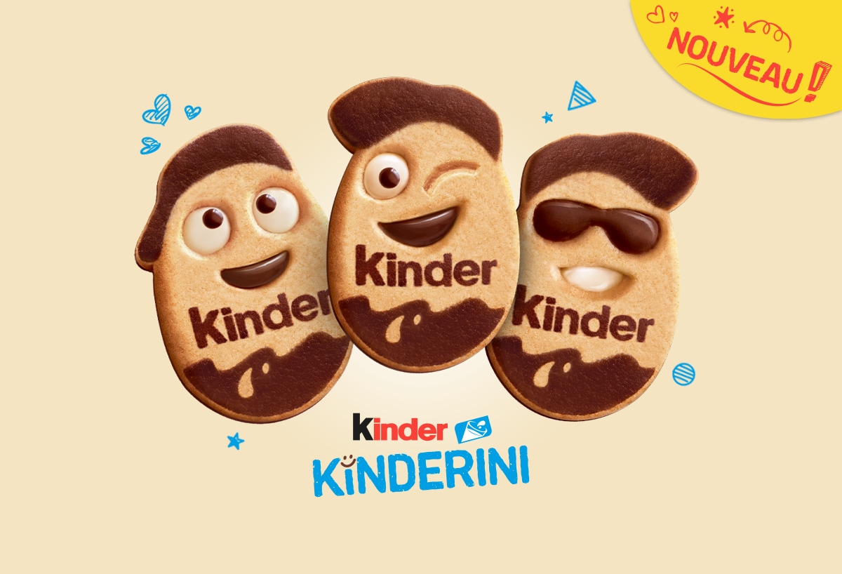 Trois biscuits Kinder Kinderini avec trois expressions différentes